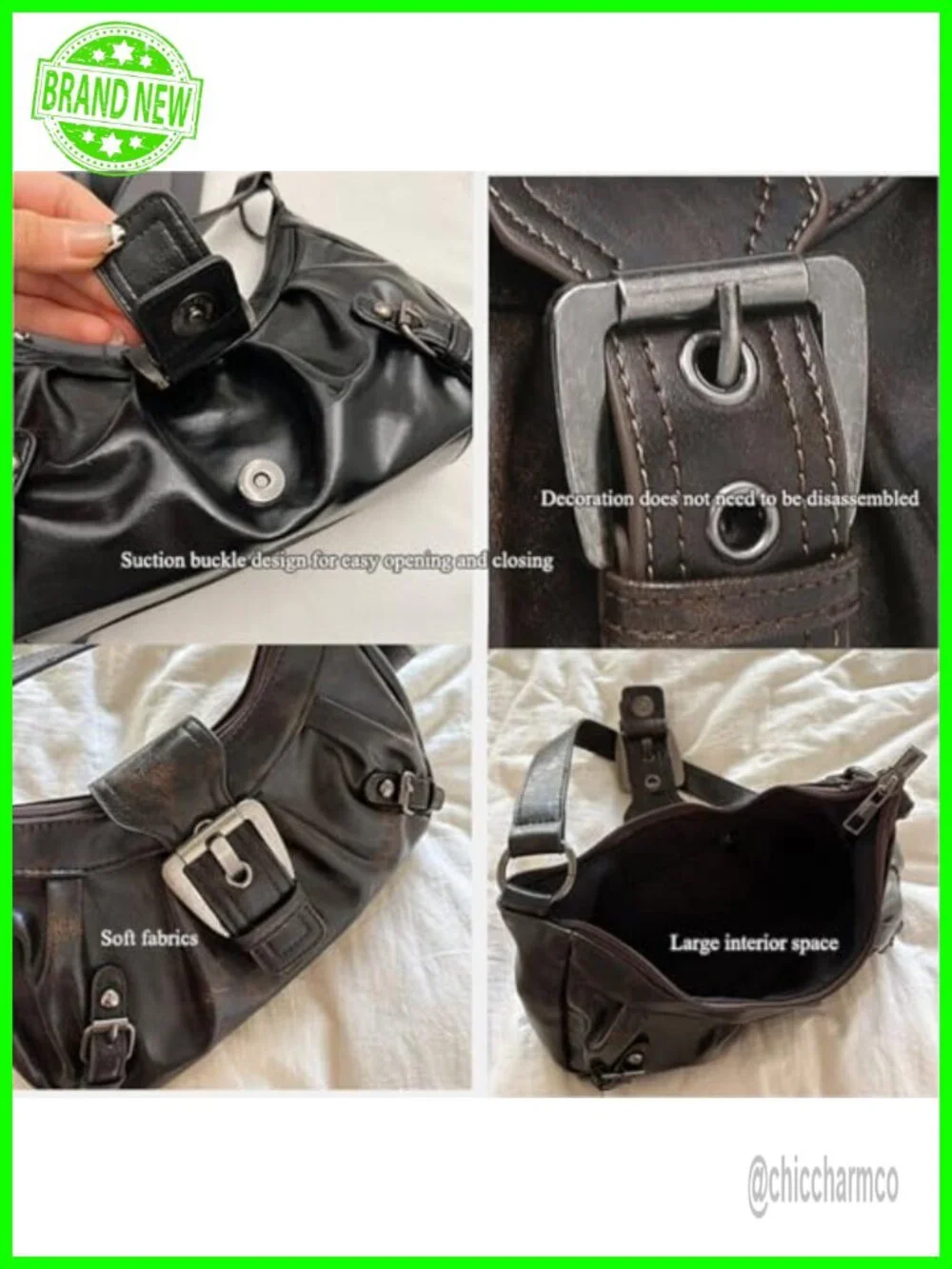 Y2K Faux Leather Hobo Shoulder Bag Metal Buckle Small Punk Purse